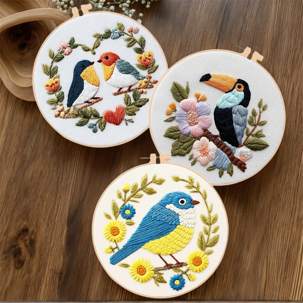 MomoArt Vogel-Kreuzstich-Set, Tier-Stickerei mit Rahmen, Blumenmuster, Handnähen, DIY, Liebesherz, Handarbeit, einzigartige Wandkunst