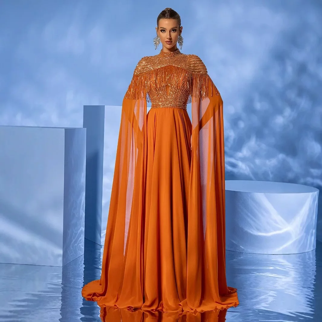 

Luxury Evening Dresses Tassel Floor Length Cap Long Sleeve Sweep Train Gowns High Neck Special Occasion Chic Prom Dress Vestidos