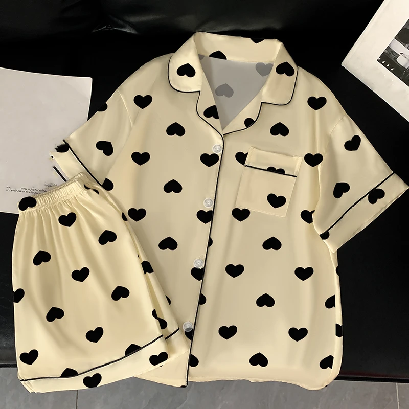 한국어 스타일 사랑 인쇄 여성 잠옷 캐주얼 여름 새로운 2025 패션 2 PC 잠옷 세트 짧은 옷깃 목 디자인 Loungewear 여자