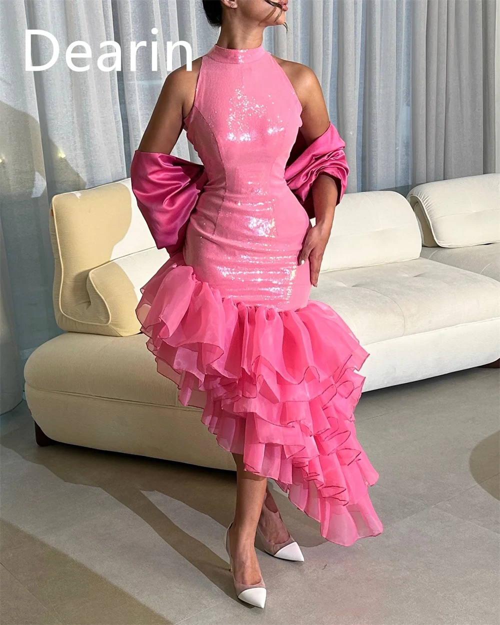 Customized Saudi Arabia Dearin Jewel Mermaid Hi-Lo Length Skirts Shirred Flouncing Bespoke Occasion Dresses Formal Gown Evening