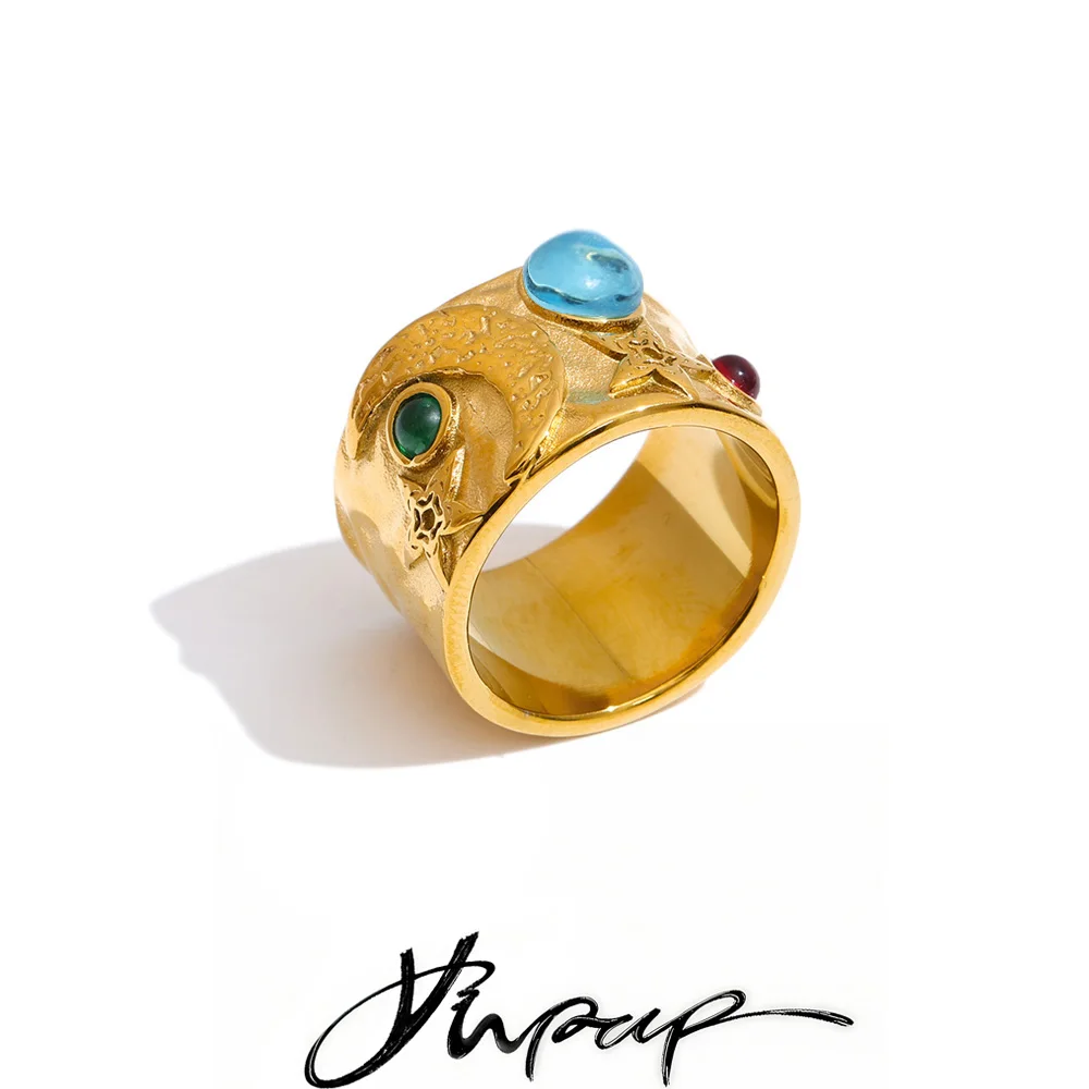 Yhpup Size 678 Stainless Steel Star Moon Casting Ring 18K PVD Plated Individualistic Statement Finger Jewelry