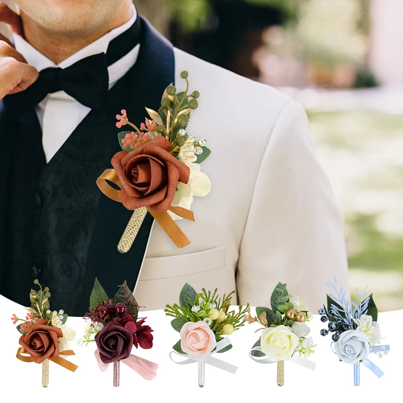 Wedding Groom Boutonnieres Flowers Artificial Rose Corsage Groomsmen Suit Brooch Pins Marriage Accessories Bridal Shower Supply