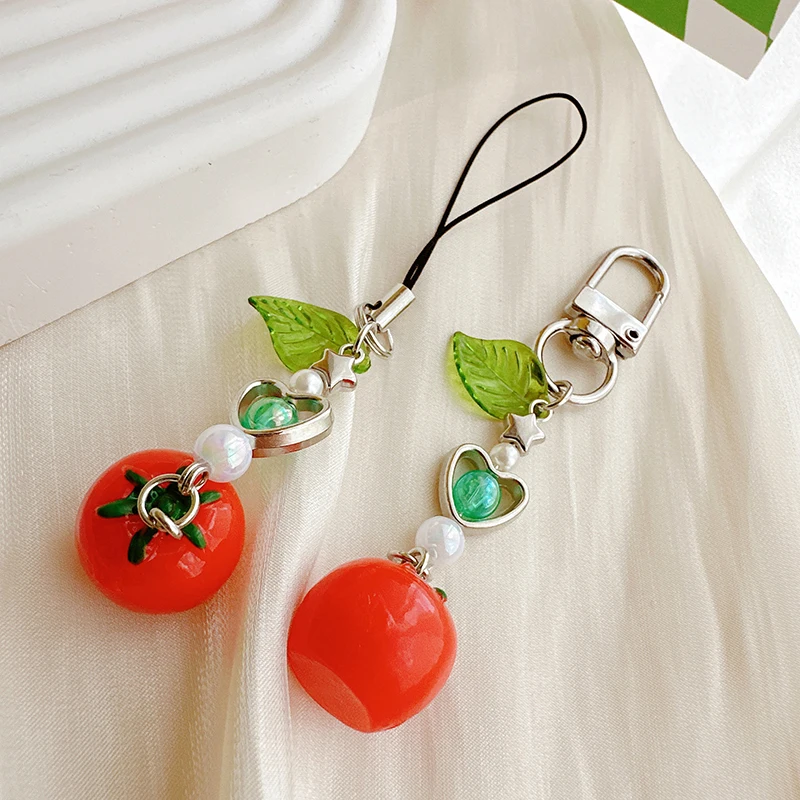 Llavero con colgante de tomate cereza, llavero con lazo, cadena para teléfono, adorno de joyería, accesorios de decoración de mochila