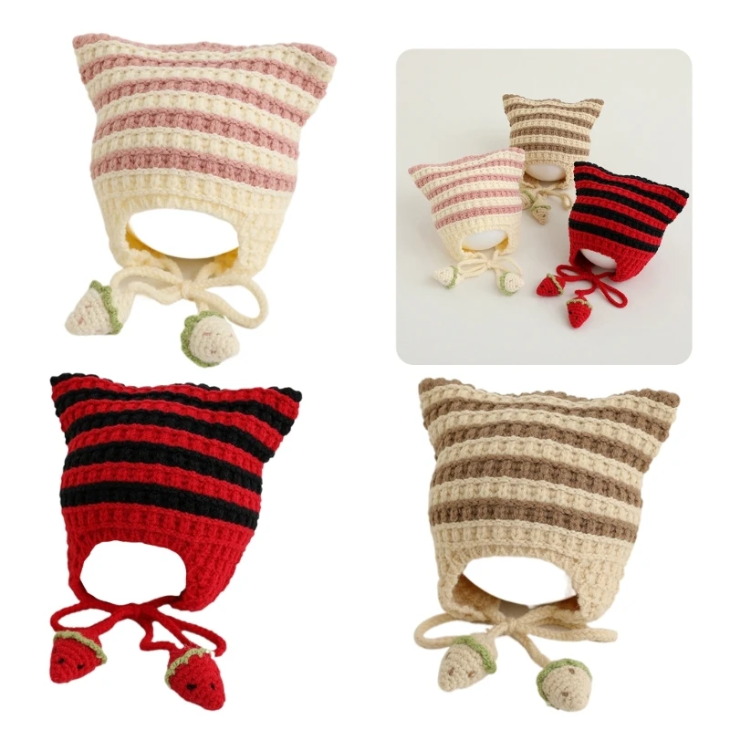 

Fashion Striped Knit Hat with Ears Design Baby Winter Warm Cap Infant Knitted Hat Beanie Cap for 1-6Y Boys Girls