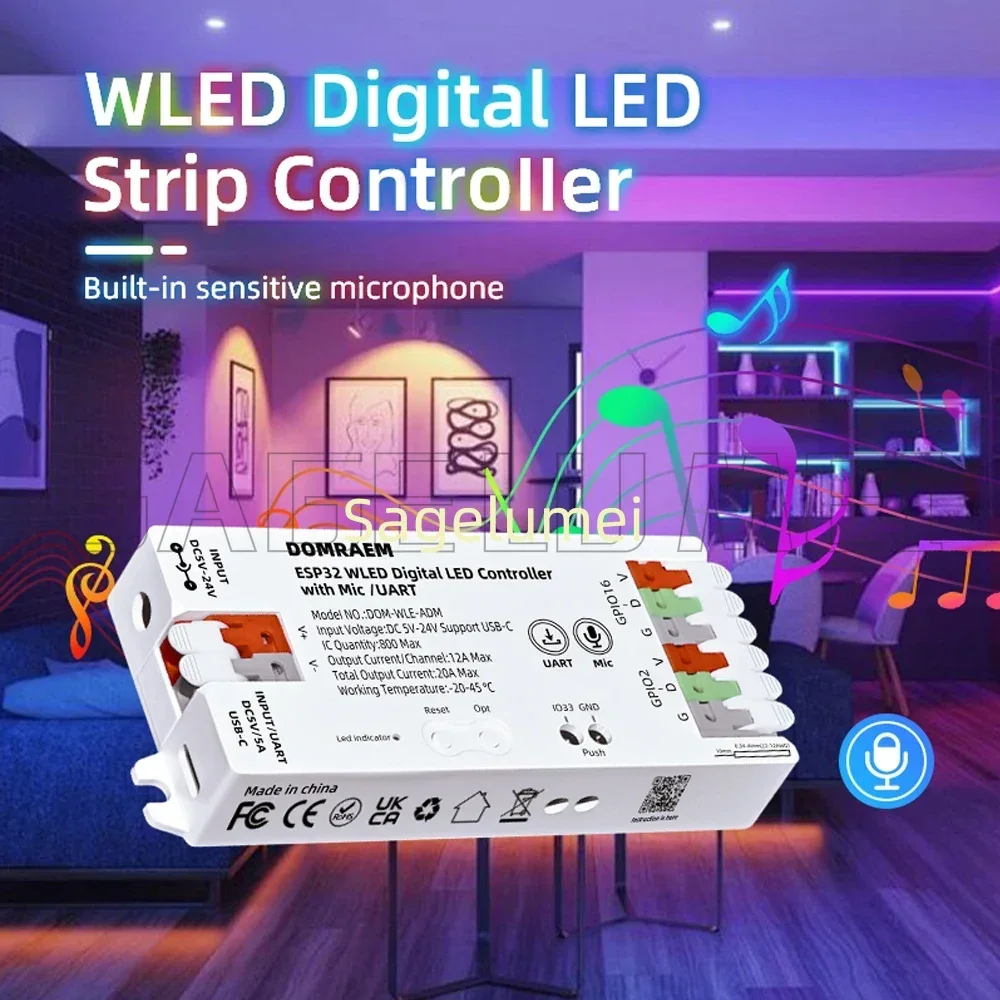 DOMRAEM ESP8266/ESP32 WLED Digital LED Controller with Mic/UART DIY Dynamic Mode UART Type-C Download App WLED WIFI Remote USB-C