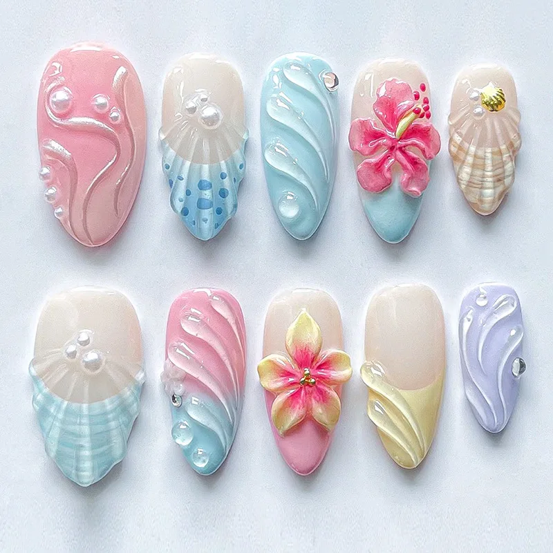 

VITAGWX 30pcs Press on Nails 3D Summer Ocean Nail Art Fake Nails Almond Nail Tips Shell Sea Star Decorated Nails False Nails