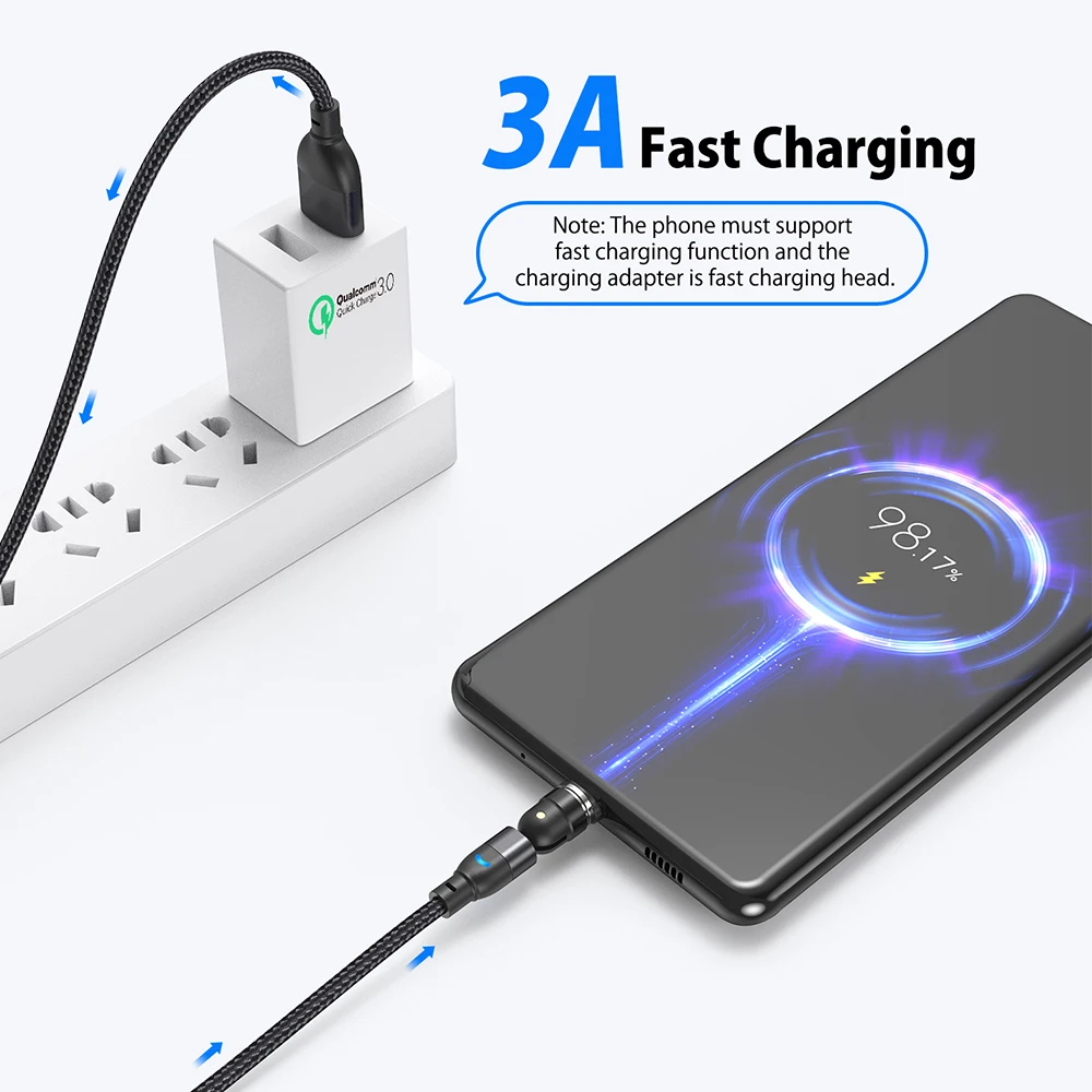 AUFU 540 Rotate Magnetic Micro USB Cable For iPhone Xiaomi 3A Fast Charging Data Wire Cord Magnet Quick Charge USB Type C Cable