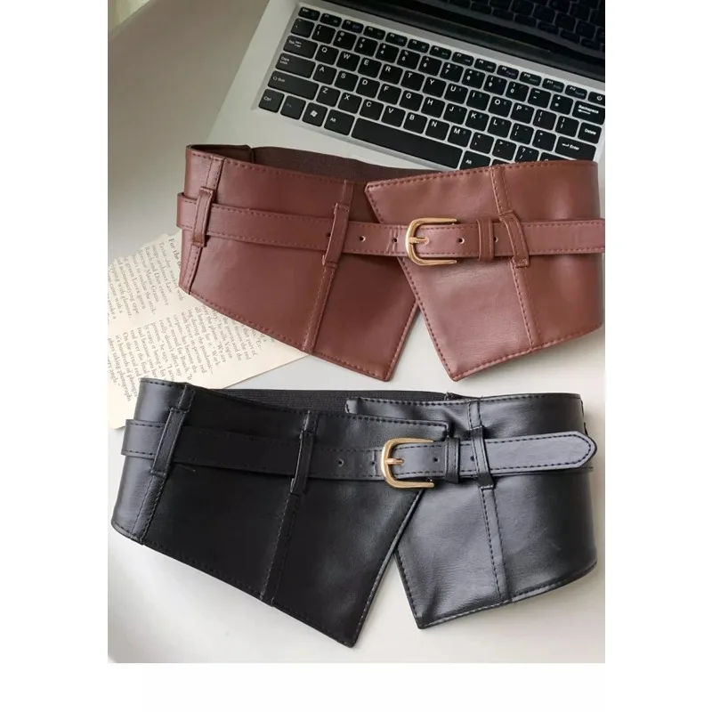 Cintura in vita in PU nera con decorazione semplice super larga da 7 cm, elastica, versatile, con rivestimento per gonna, pratico