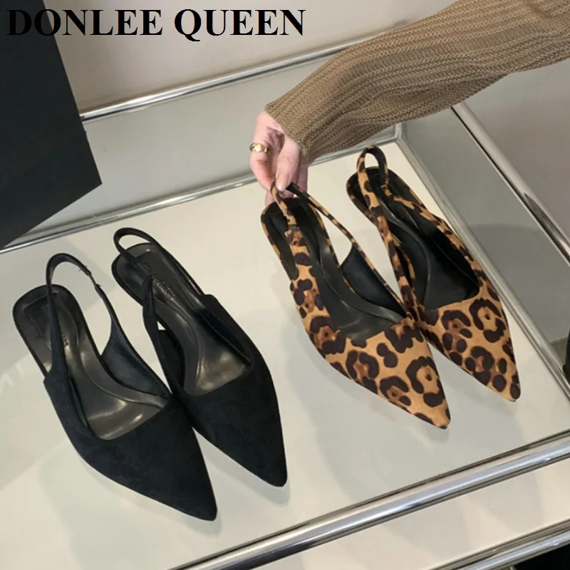 

2024 Slingback Sandals Shoes Women Med Heel Pumps Elegant Pointed Toe Mule Dress Fashion Leopard Print Sandal Pumps New Sandalia