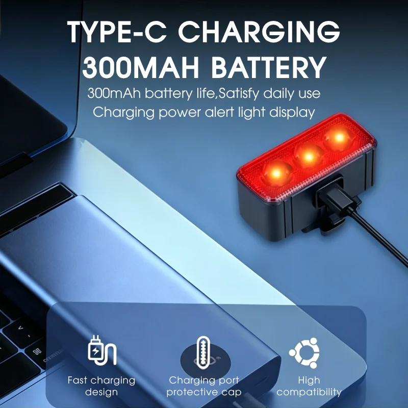 Cycling Mini Front/Rear Lights Set 300mAh Type-C Rechargeable LED High Brightness Taillight Headlight