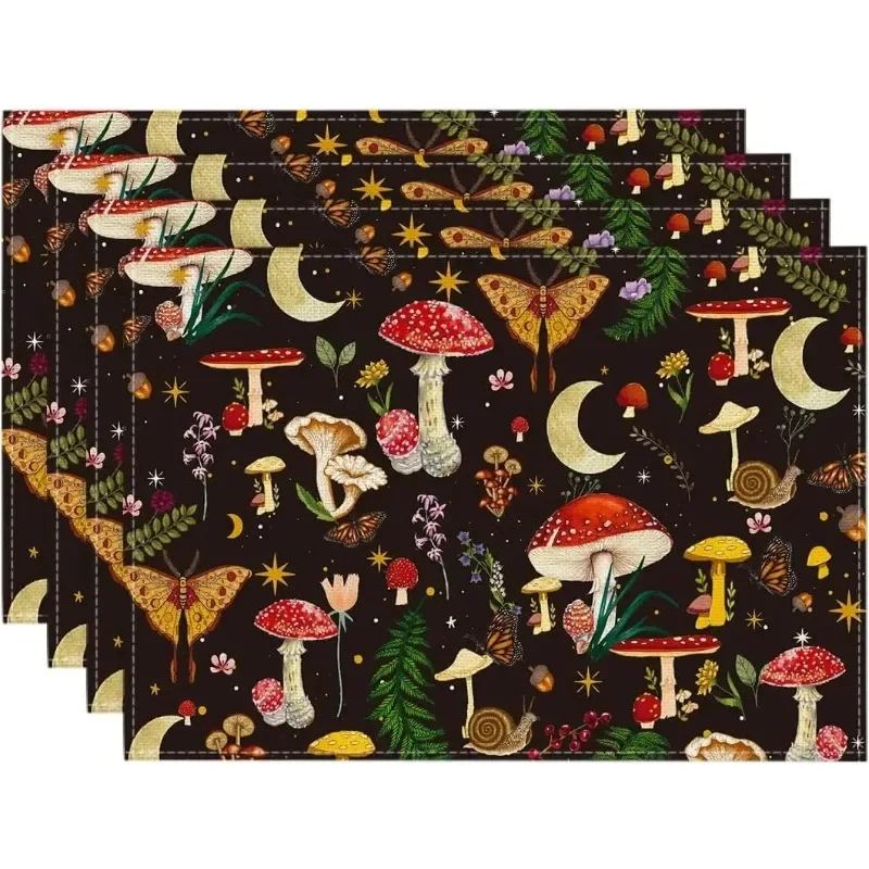 Black Modern Mushroom Art Printed Linen Placemats 30*45cm Heat Resistant Non-slip for Halloween Party Kitchen Dining Decor