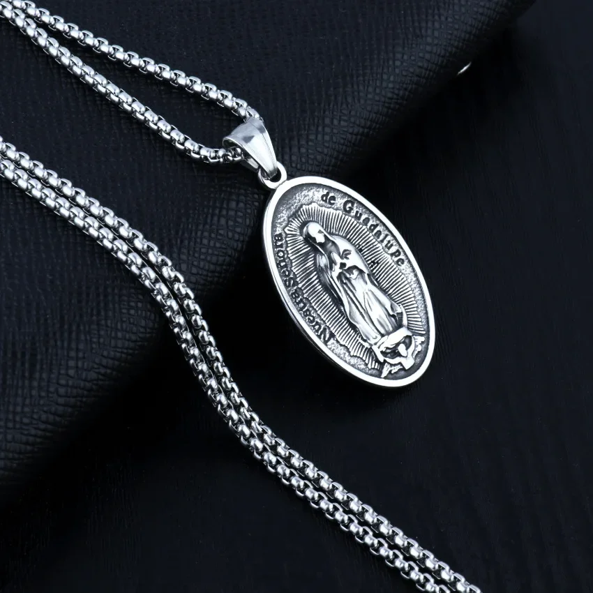 Classic Virgin Mary Men's Pendant Women's Necklace Round Vintage Hip Hop Stainless Steel Y2K Accessories Couple Lucky Jewelry