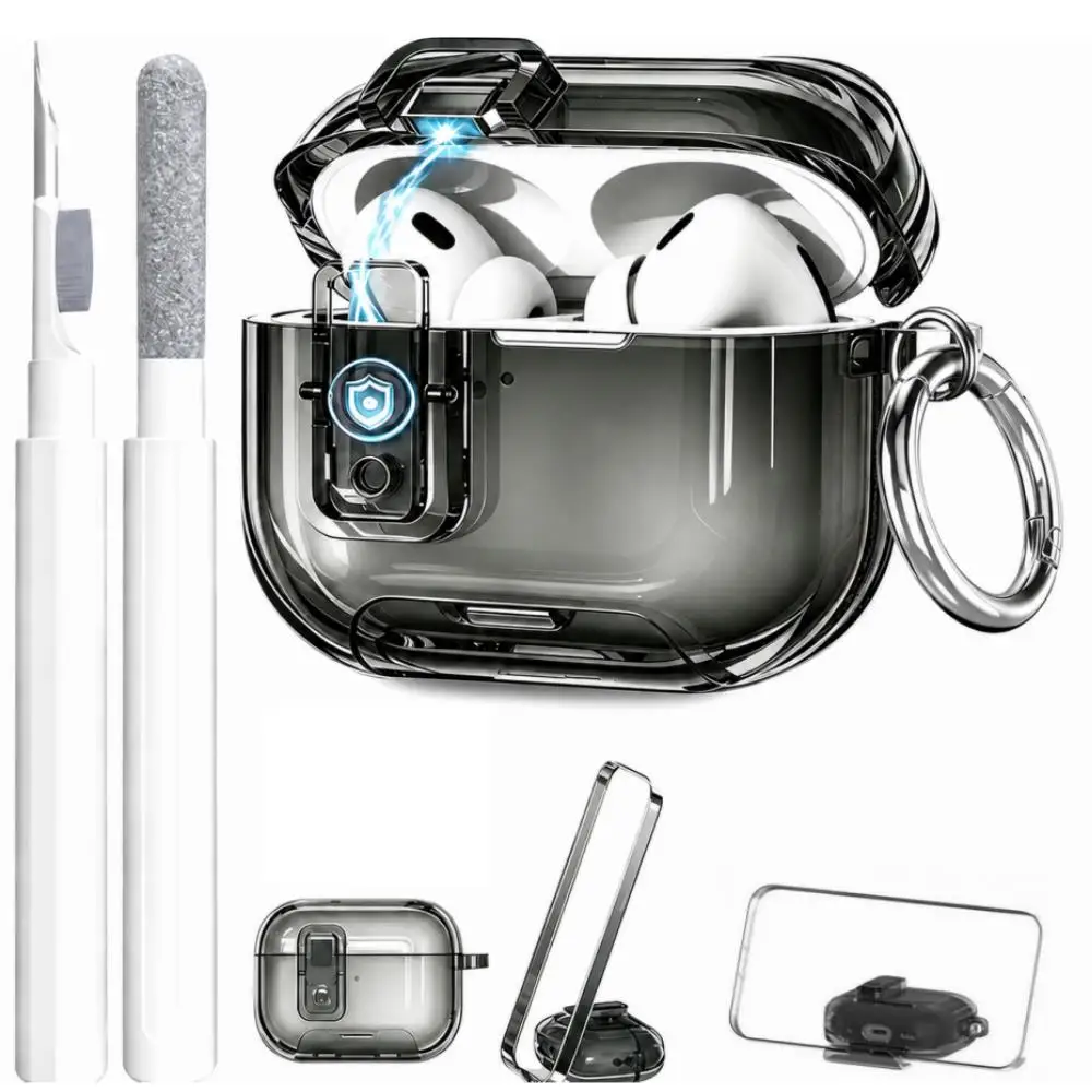 Earphone Case for AirPods Pro 3/Pro 2/Pro/4 Safety Lock Phone Stand Design Auto-Open Lid Cover with Keychain for AirPods 4/Pro 3