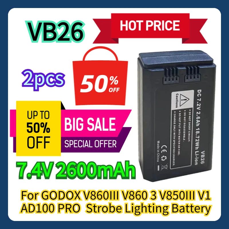 

For GODOX V860III V860 3 V850III V1 AD100 PRO 7.4V 2600mAh Strobe Lighting Battery VB26 2PCS