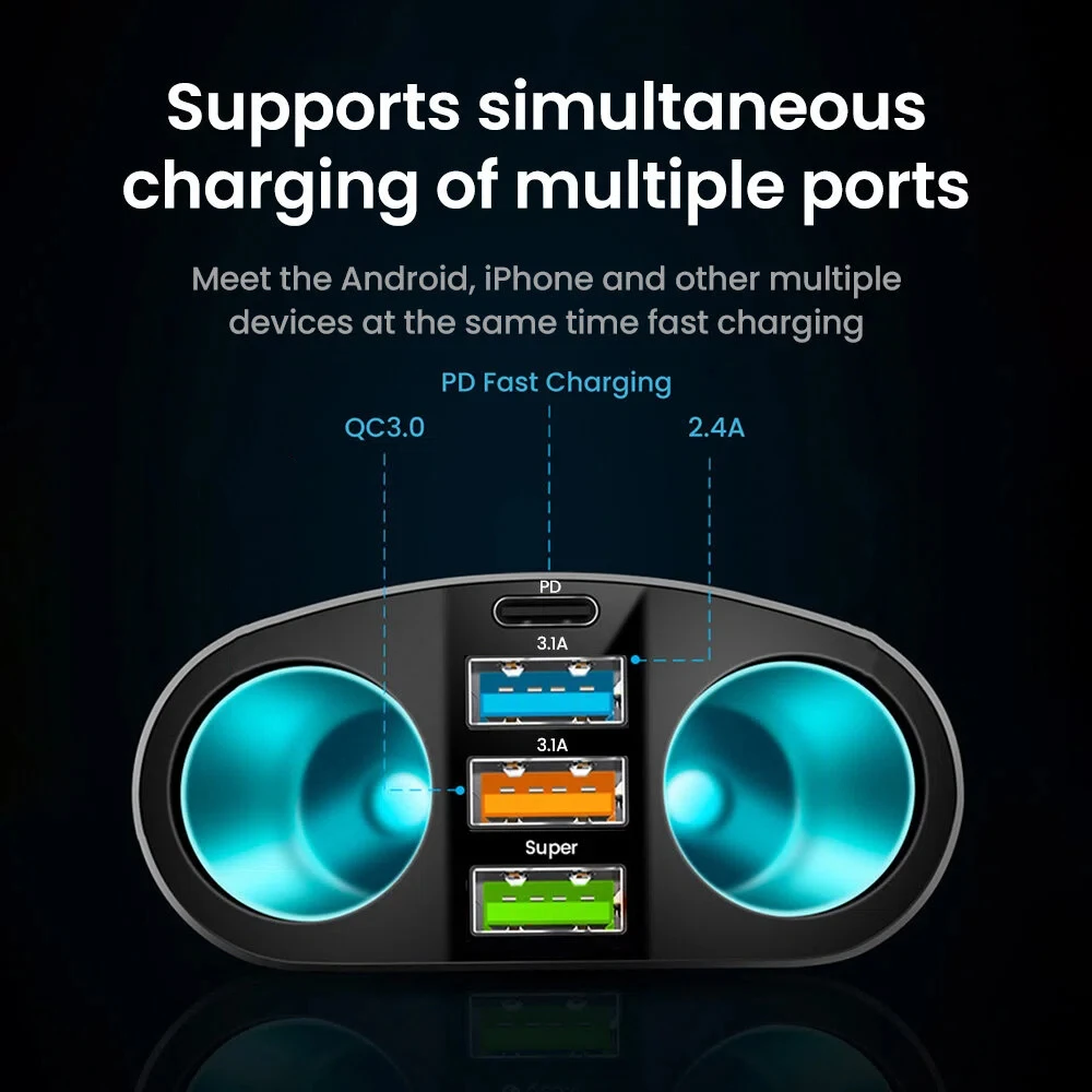 Elough 66W Super Fast Charge QC3.0 Car Charger with 2 in 1 Digital Display Multi functional USB Car Charger