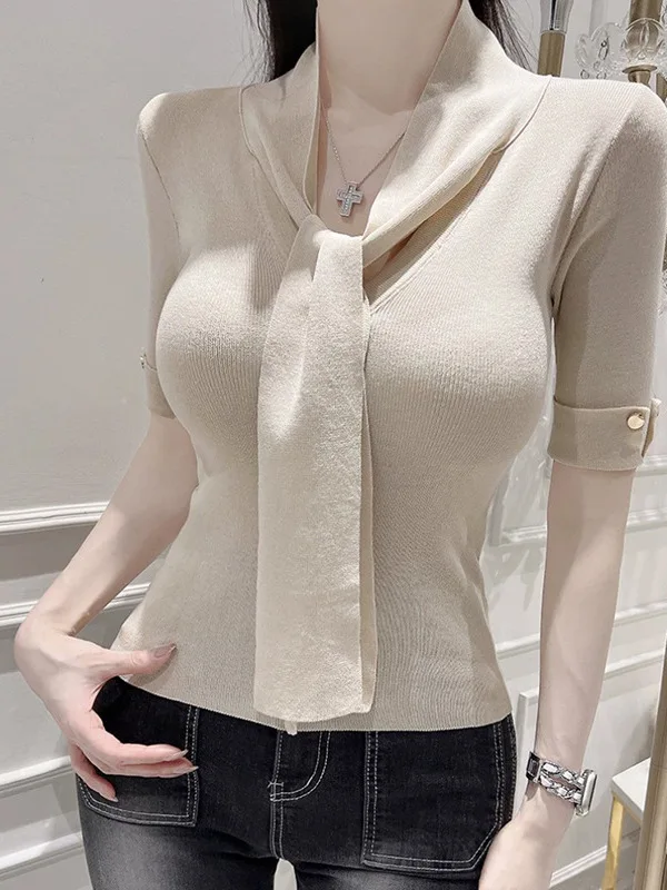 2024 Autumn New Korean Version Lace Up V-neck Short Sleeve Sweater Pullover Women Cinching Waist Solid Slim Short Top Z34J