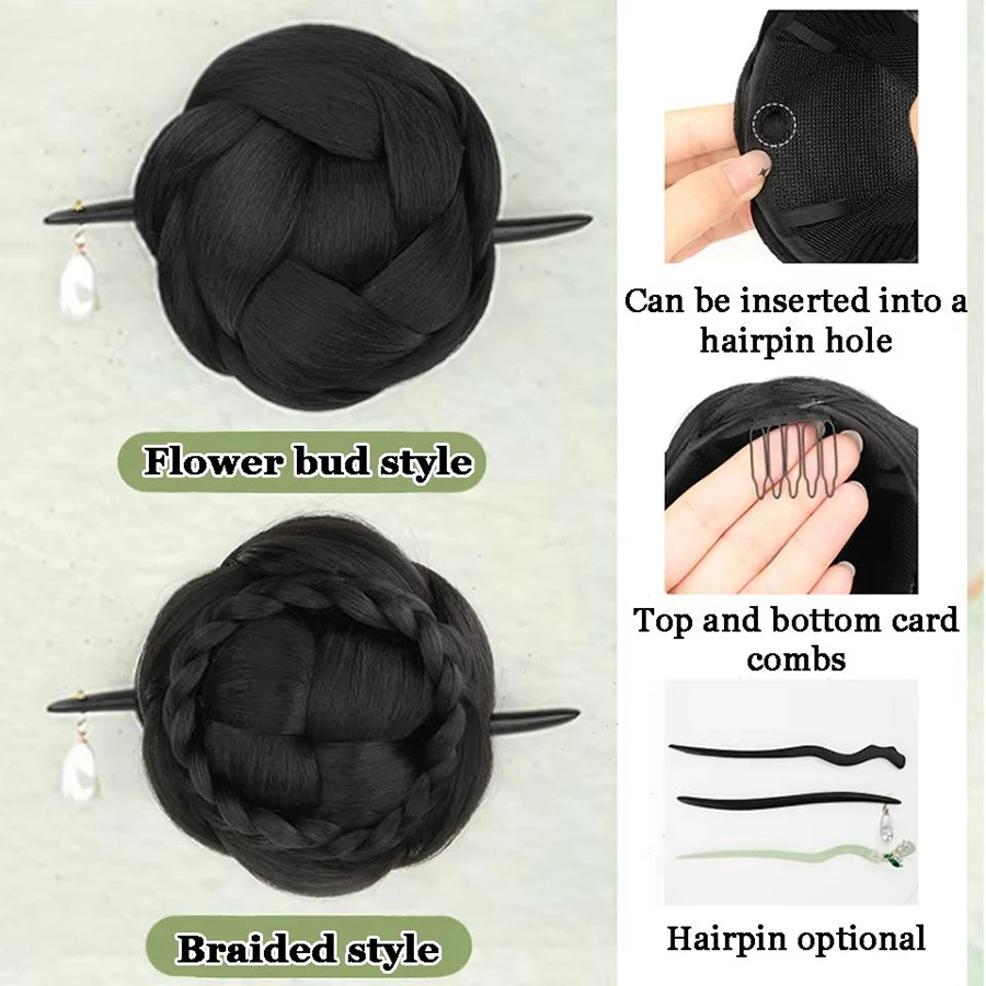 สังเคราะห์หัววิกผมดอกไม้ Bud ผม Hairpin Bun กลับหัว Pad ผมกระเป๋า Hanfu สไตล์โบราณ Cheongsam Bun วิกผม