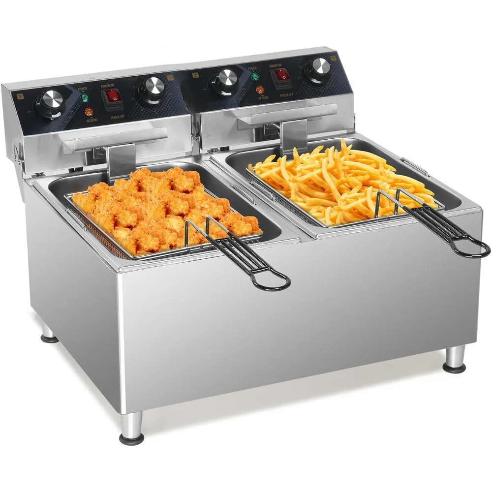 Dual Tank Commercial Deep Fryer Timer Overheat Protection Adjustable Feet, Temp Control & Baskets, Stainless Steel Countertop