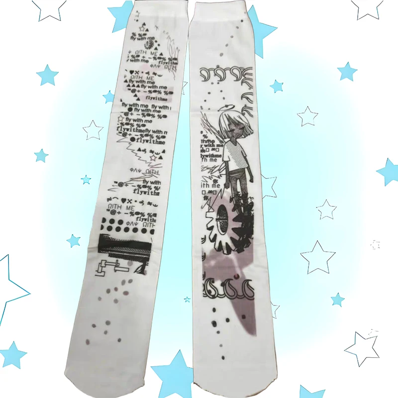 

White graffiti pantyhose Japanese retro 2000s Emo girl fetish Harajuku knee high socks Y2K cosplay cute socks Kawaii Gothic