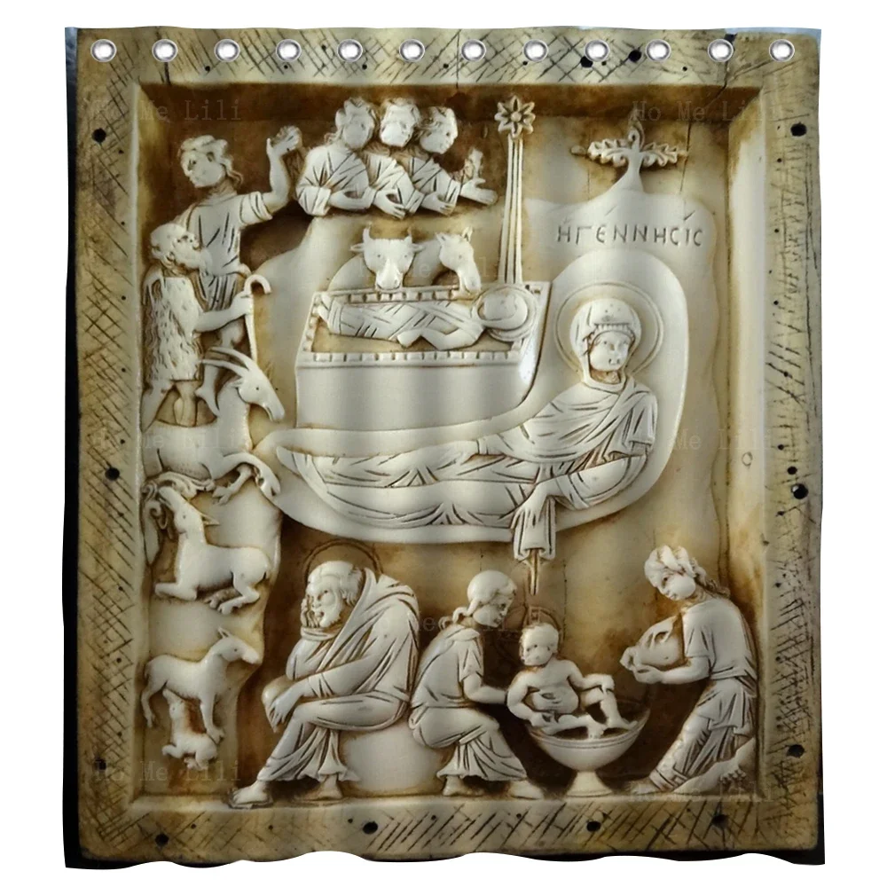 Medieval Byzantine Ivory Icon Jesus Nativity The Enthroned Mother Of God Shower Curtain With Hooks By Ho Me Lili Decor