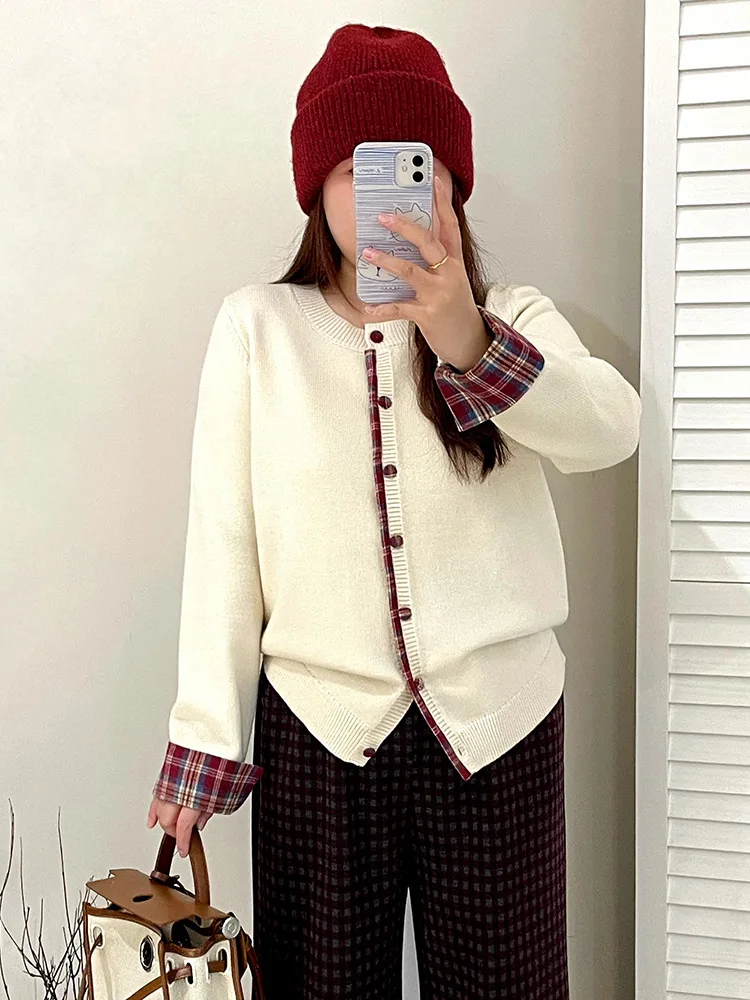 

Женский лоскутный трикотаж больших размеров с длинными рукавами и круглым вырезом, повседневный открытый кардиган, осень-зима, удобный свободный свитер