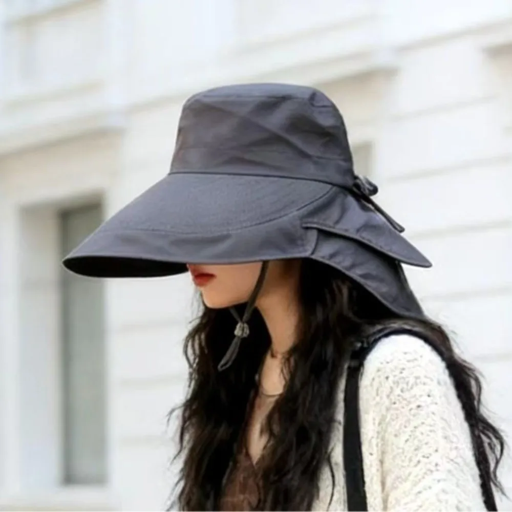Solid Color Wide Brim Sun Hat Korean Style with Neck Cover Sun Protection Hat Adjustable Neck Protection Women Bucket Hat Hiking