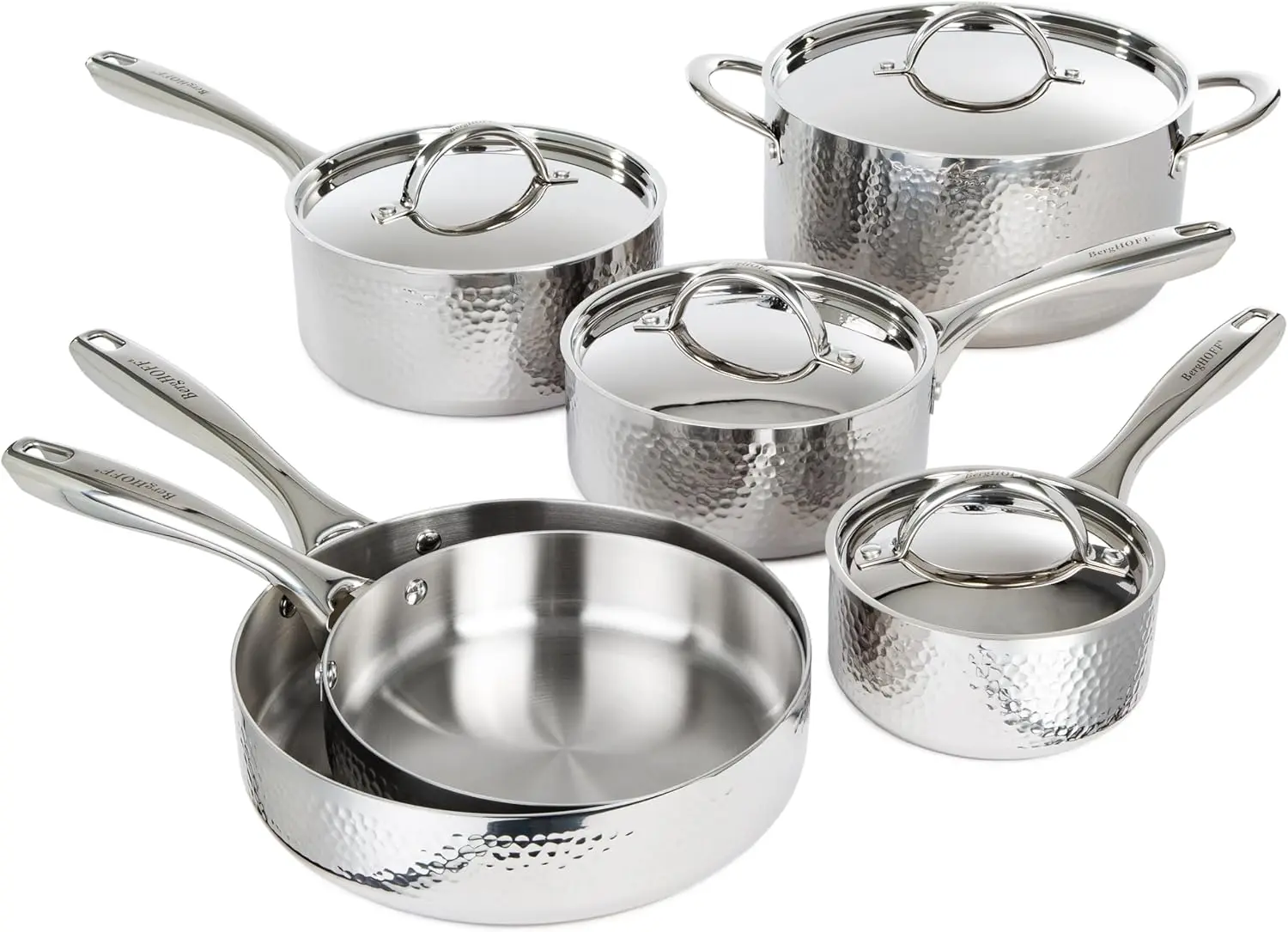 

BergHOFF Vintage Tri-Ply 18/10 Stainless Steel 10Pc Cookware Set With Matching Lids, Hammered, Induction Cooktop, Even Heat, Sil