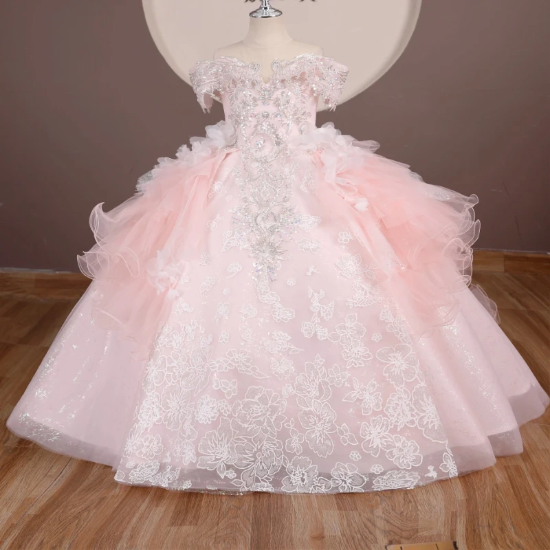 Pink Girls Princess Party Dress with Long Train for Children Birthday Piano Performance Fashion Show Pageant Formal Gown Clothes