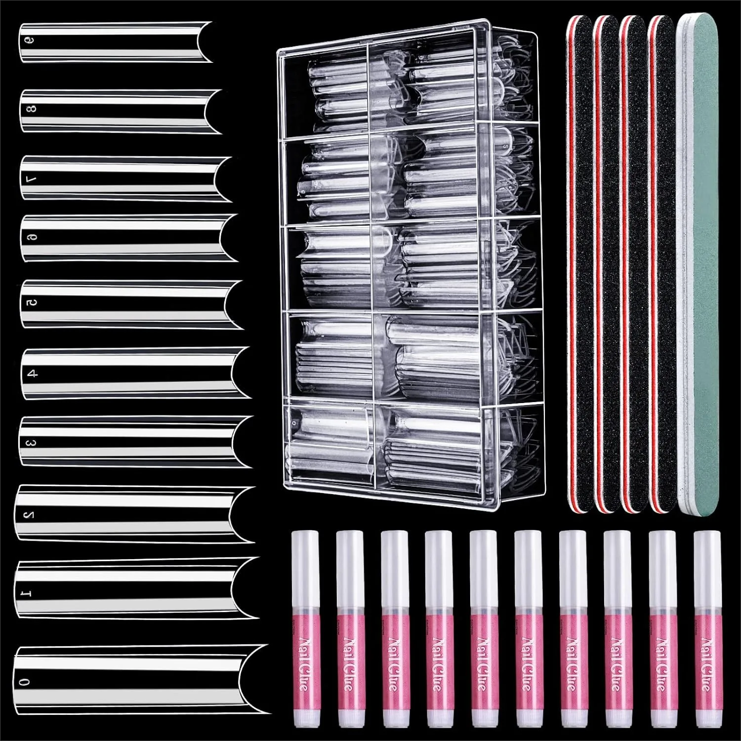 

Extra Long Square False Nail Tips, 240Pcs Kit with C Curve, Nail Glue, File for Salon Home DIY