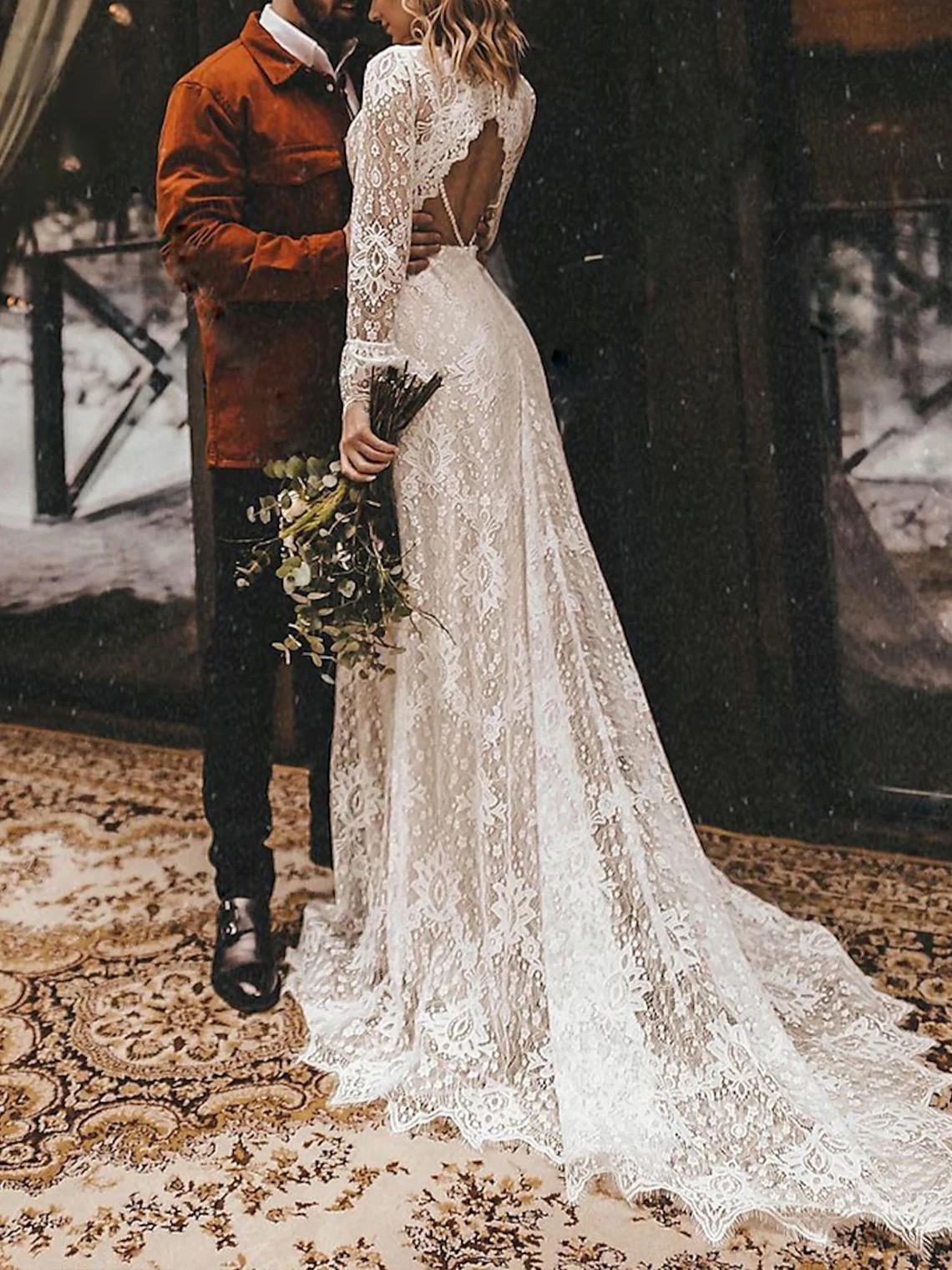 

Sexy Modern Mermaid Boho Wedding Dress V Neck Lace Long Sleeves Beading Court Train Engagement Bridal Gown 2025 free customized