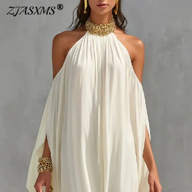 Damen Off-Shoulder Neckholder Langes Kleid Frühling Sexy Rückenfreies Elegantes Partykleid Sommer Fledermausärmel Loses Boho Maxikleid