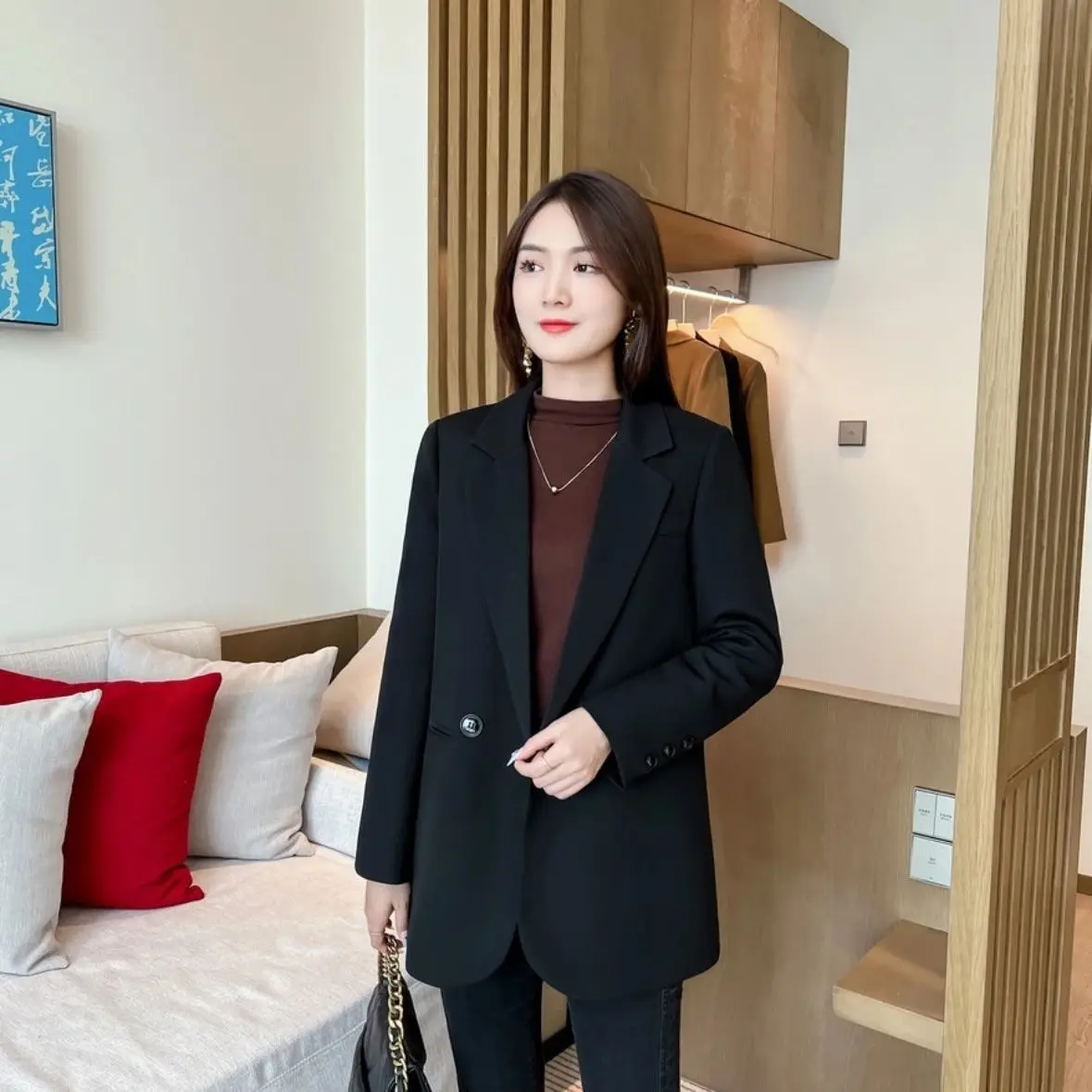 الملابس الكورية الشعبية نمط المال القديم امرأة السترة السوداء معطف سيدة نسخة أعلى العمل الخريف مخطط جيب الديكور مزدوج