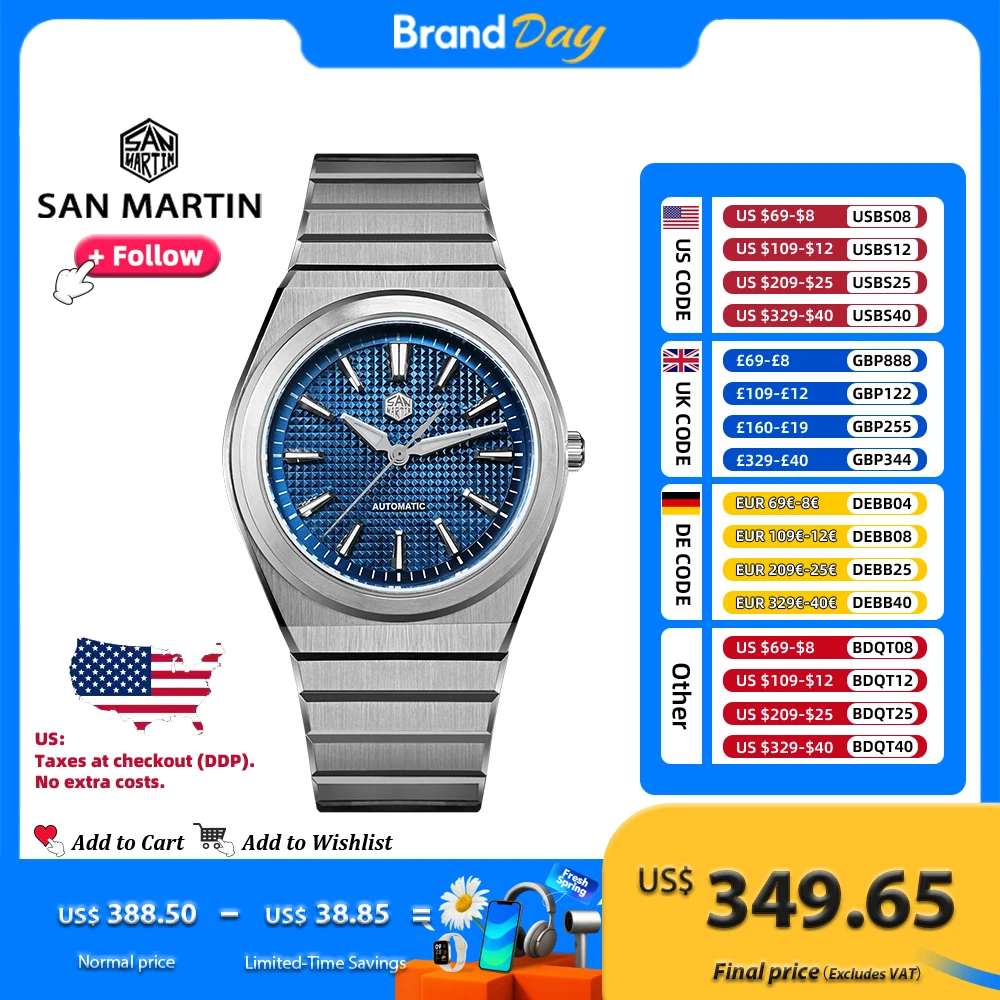 

Мужские часы San Martin 40 мм SN0152: роскошные спортивные часы с автоматическим механизмом Miyota 90S5, вафельным циферблатом и интегрированным браслетом, прозрачной задней крышкой