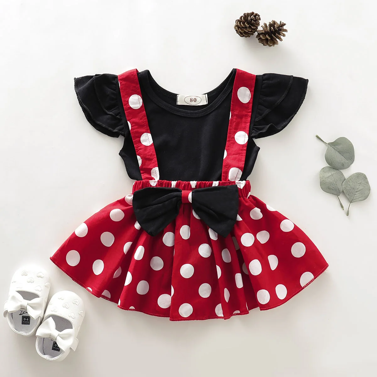 Baby and little girl summer style pullover fly sleeve top polka dot printed bow strap skirt