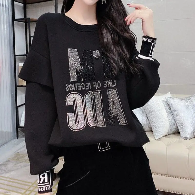 Fashion Fake Two Pieces Letter Diamonds Tops Women\'s Clothing Korean Loose Round Neck Solid Color Sweatshirts Spring Autumn