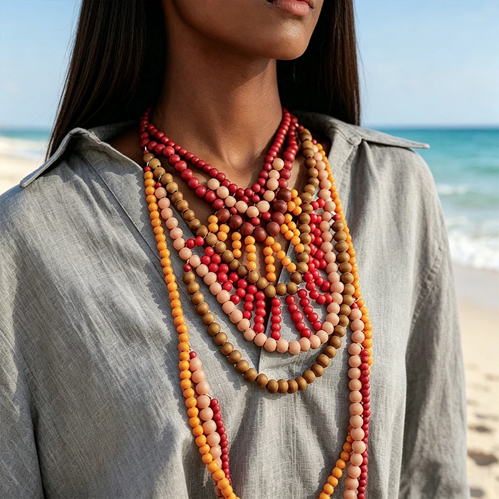 

New Bohemian Multi-Layer Wooden Beaded Necklace for Women Long Tassels Choker Statement Jewelry Boho Accessories