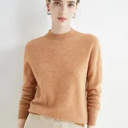 Wool Cashmere Sweater Women's Half Height Neck First Line Garment Pullover Spring/Autumn Loose Knit Long Sleeve Solid Color Top