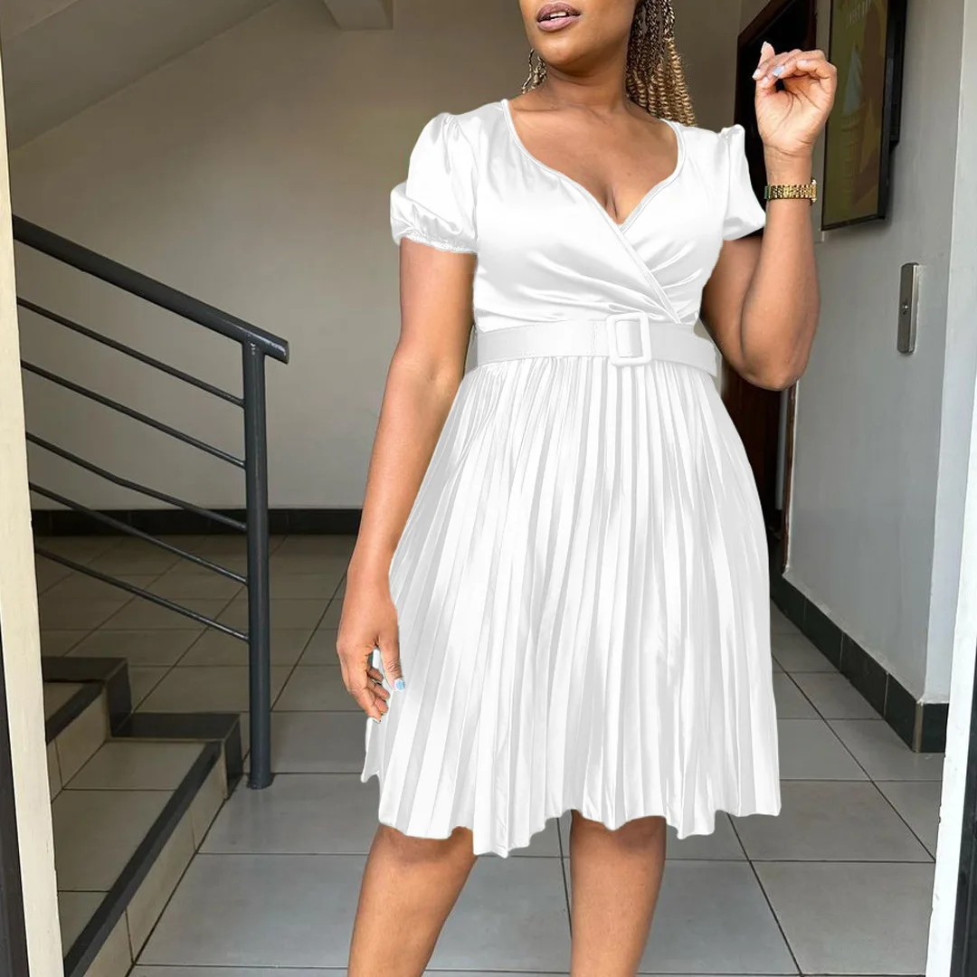 

D370 Сексуальное плиссированное платье больших размеров с поясом и высокой талией, трикотажная юбка трапециевидной формы из полиэстера для девочек-подростков