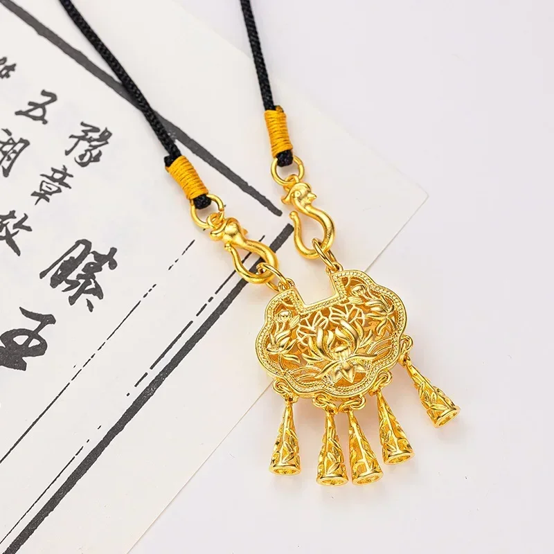 

9999 Real Gold 24K New Chinese Concentric Lotus Tassel Lock Bag Hollow Lotus Safety Lock Black Rope Spring Clothes Chain Pendant