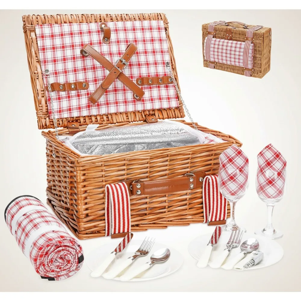 

Insulated Wicker Picnic Basket for 2 with Cooler, Waterproof Blanket & Cutlery Set - Camping, Valentine's Day Gift