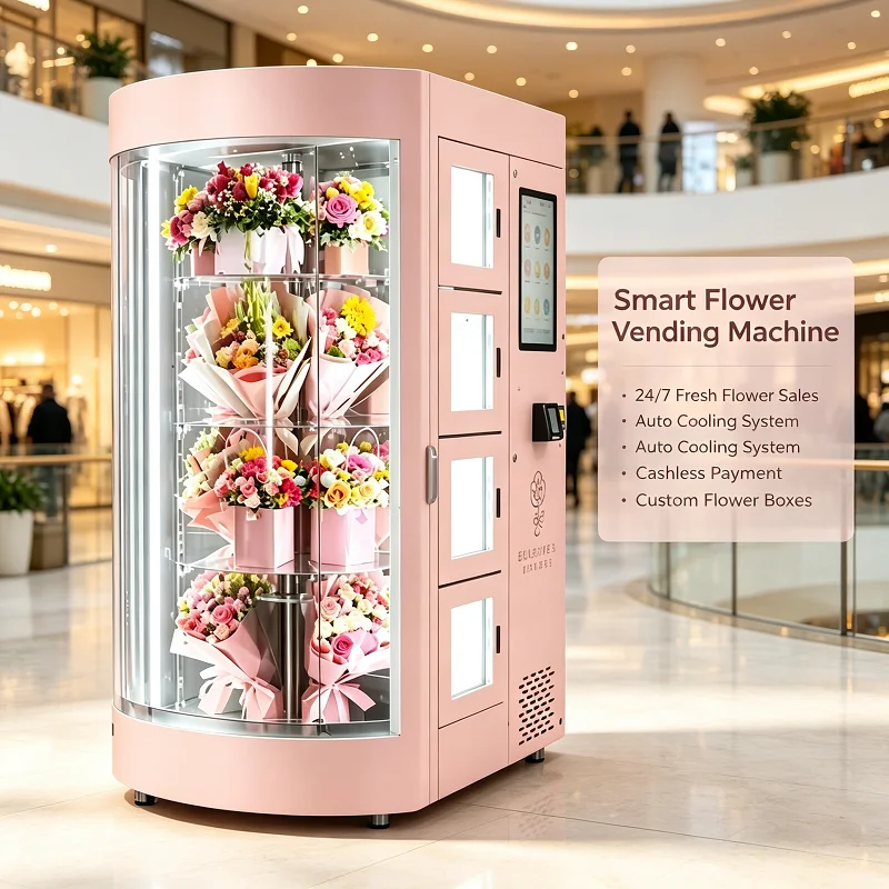 Popcorn Vending Machine - Draaiende gekoelde bloemenautomaat met touchscreen, zelfbediening,