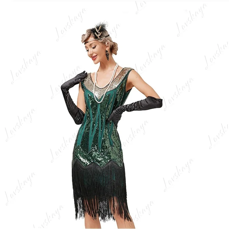 Vintage V-Neck Tassel Dress Latin Ball Sequin Bead Dress
