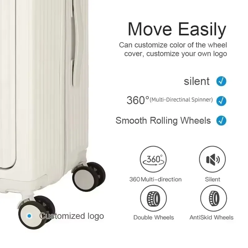 20/22/24/26 ''حقيبة فتح أمامية للسفر المتداول الأمتعة سبائك الألومنيوم عربة الكمبيوتر مع عجلة دوارة USB شحن المكونات