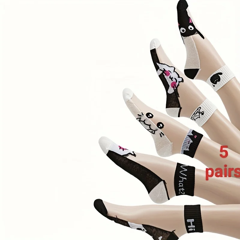 

5 pairs of women's cartoon cat mesh socks, breathable, sweat absorbing, odor proof summer socks, knitted fabric