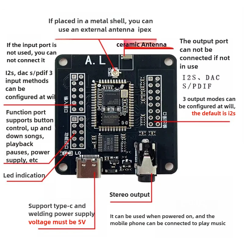QCC5125 Bluetooth Receiving PCM5102 Decoding Board IIS Output USB 5V