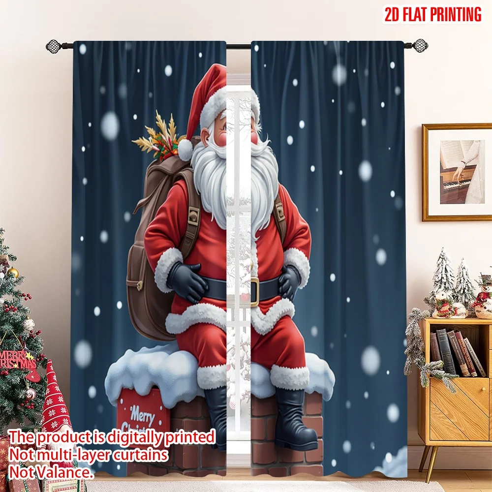 

2pcs 2D flat printing Christmas Scene Curtain Santa Claus Chimney Snow Polyester Without Electricity Party & Holiday Decor Use