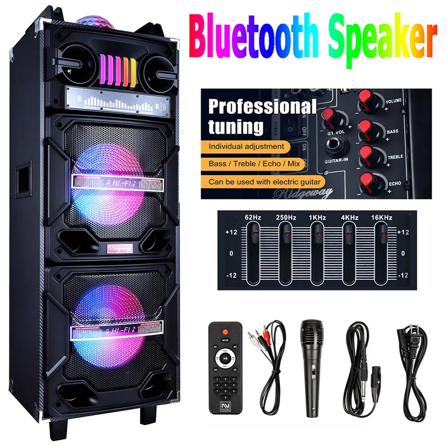 4000W Portable Bluetooth Speaker Dual 10in Sub Woofer Light Sound System with Microphone and Remote