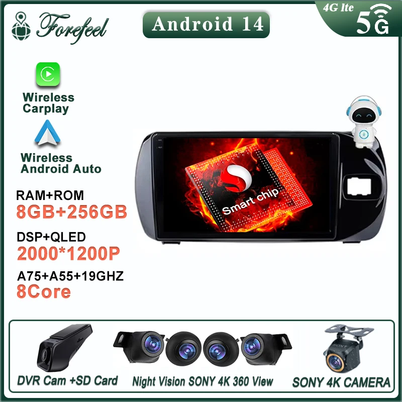 Lecteur vidéo Android 14 pour Toyota Vitz 3 XP 130 2014-2019, autoradio, navigation, caméra de tableau de bord, limitation, moniteur de véhicule