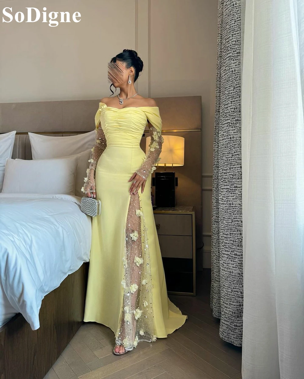 SoDigne Elegant Yellow Evening Dresses Off Shoulder Lace Appliques Mermaid Side Slit Party Dress 2024 Formal Events Prom Gowns