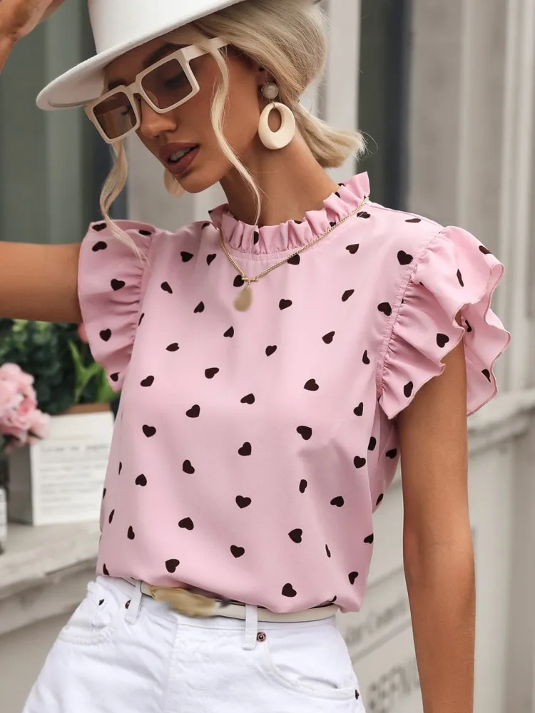 

Summer Shirts For Women Short Sleeve Love Print Folds Stand Neck Tees 2024 Fashion Commuting Tops Female's Commuting Pullover